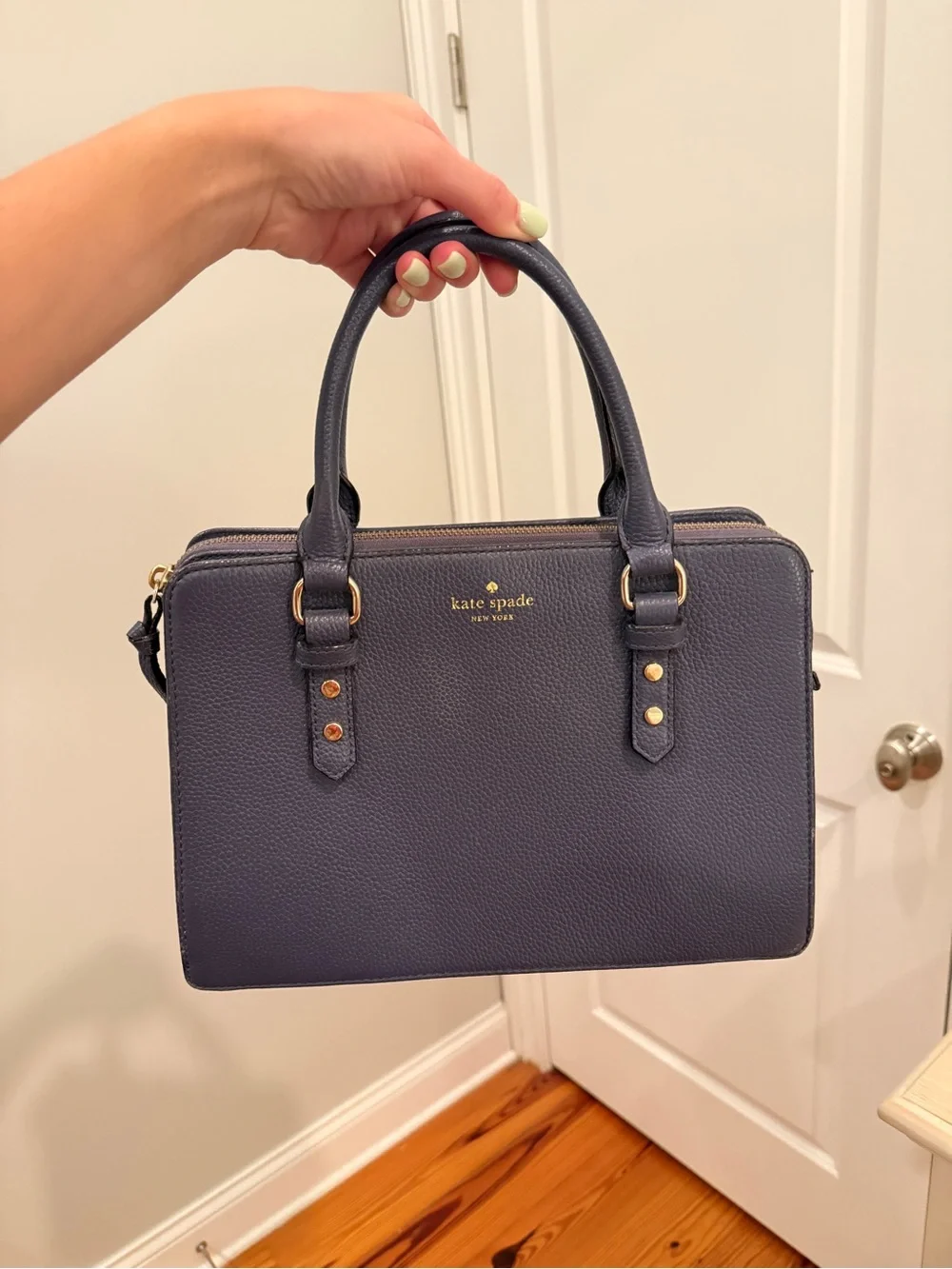 kate spade navy pebbled leather top-handle satchel with gold hardware